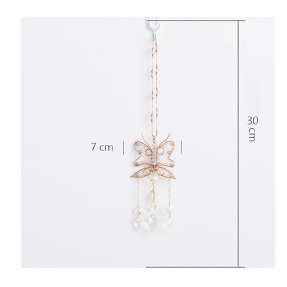 Butterfly-shaped decorative hanging ornament with measurements on a white background boho home decor, crystal wind chime, sun catcher for windows, moon prism chime, agate stone hanging, garden art decor, patio hanging decoration, boho housewarming gift, spiritual gift, crystal suncatcher, balcony decor, meditation decor, handmade crystal chime