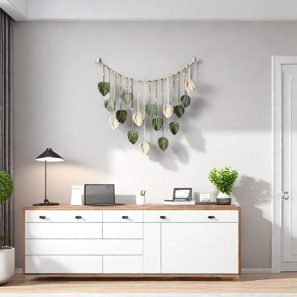 Boho Home Decoration Macrame Tapestry Leaf Feather Wall Hanging Decor for Living Room Bedroom Wall Art