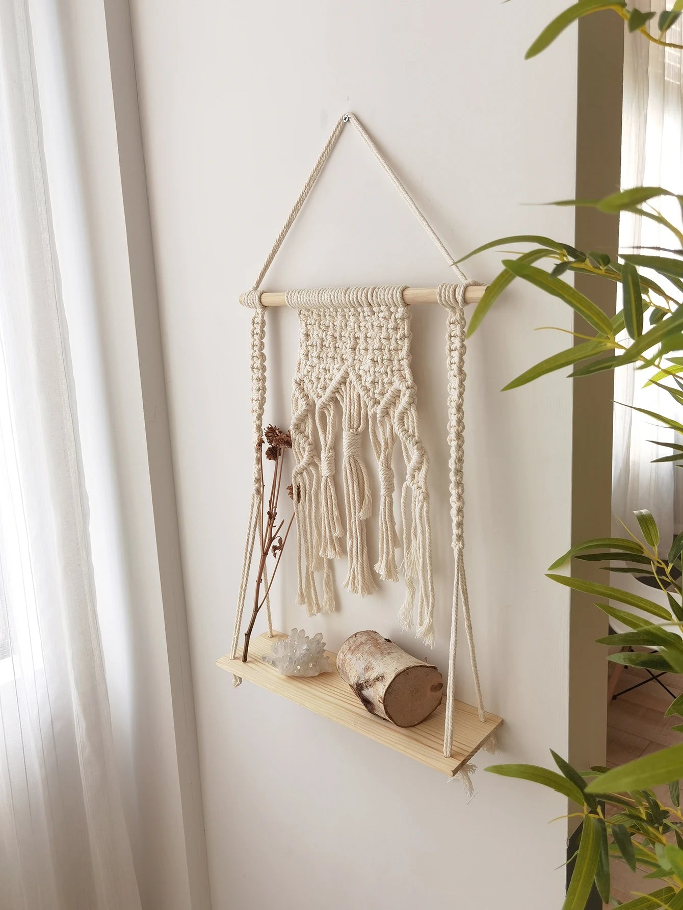 Macramé Wood Hanging Wall Shelf
