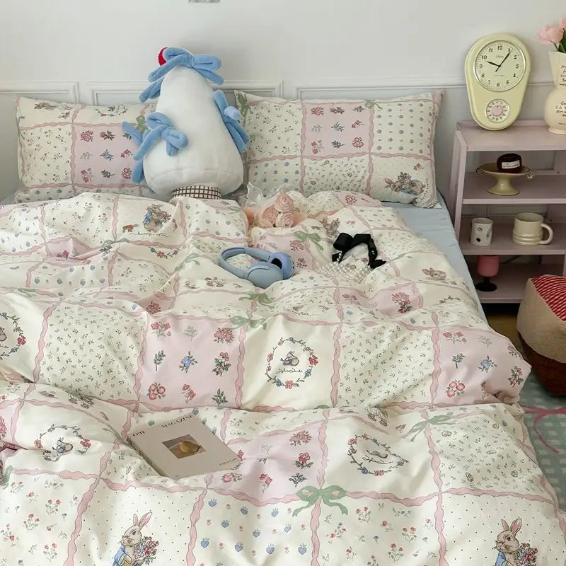 Pink Floral Boho Bedding Set – Soft Microfiber Duvet Cover, Flat Sheet & Pillowcases
