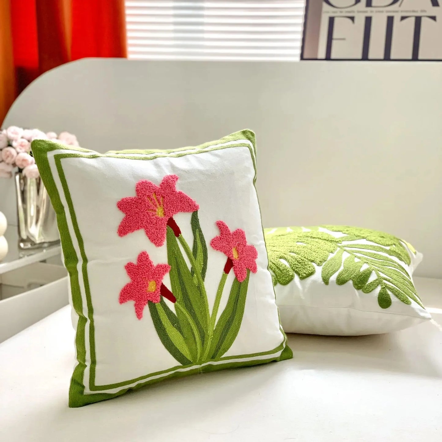 Flower Embroidered Plush Throw Pillow Cover – Minimalist Boho Cushion for Sofa, Bed, or Chair | 18x18 Inch | Garden-Inspired Housewarming Gift