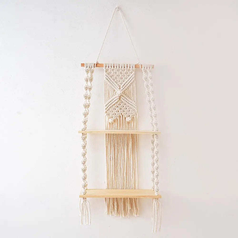 2 Tier Macrame Wall Hanging Floating Shelf Natural Cotton Rope Boho Home Decor Wooden Shelves Candle Holder Hangings Shelving