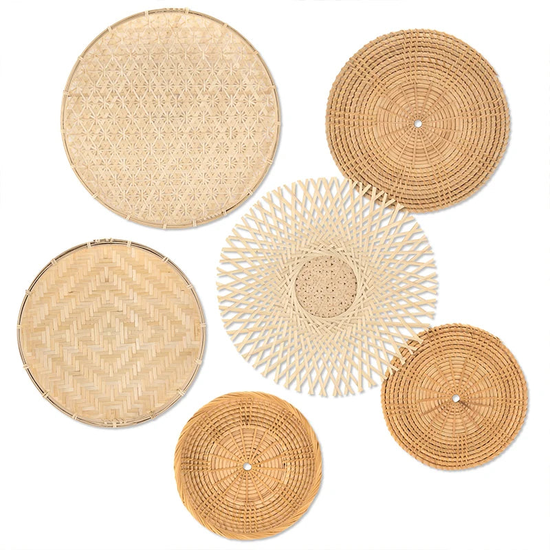 Set of 6 Rattan Wicker Wall Basket Hanging Wall Decor Boho Home Wall Art Decoration Straw Woven Plate Rustic Farmhouse Bedroom Living Room