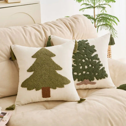 Tufted Pine Tree Winter Cushion Cover with Tassels