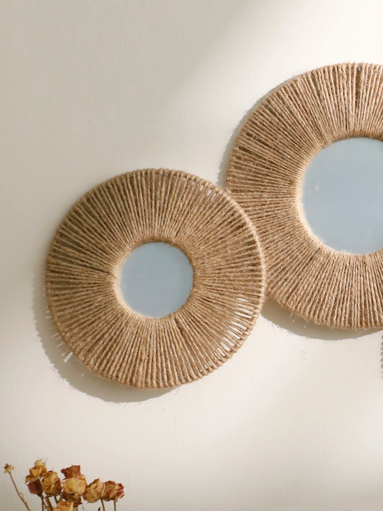 Round Wall Mirror Hanging Decorative Mirrors With Woven Hemp Rope Boho Wall Decor for Bedroom Living Room