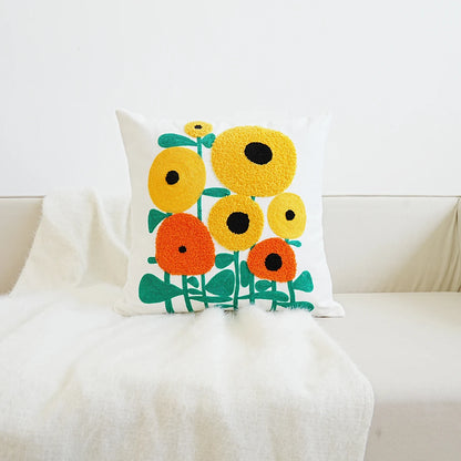Abstract Sunflowers Embroidery on Boho Home Decor Floral Embroidered Pillow Cover – Square Decorative Cushion Case for Sofa & Home