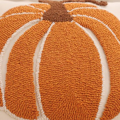 Textured pumpkin-shaped rug with a brown stem on a neutral background. Orange pumpkin embroidery pillowcase 18x18 inch
