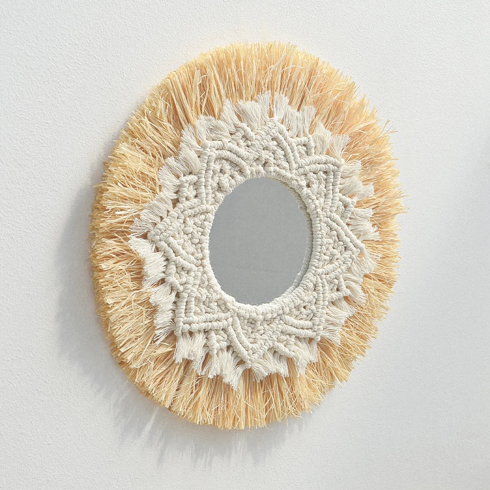 Round decorative mirror with beige and white fringe on a light gray background boho home decor, boho wall mirror, macrame wall mirror, nordic decor, romantic wedding wall decoration, housewarming gift, round straw mirror, woven wall decor, tapestry mirror, boho bedroom wall accent, rustic mirror wall hanging