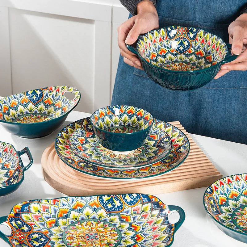 Boho Floral Green Ceramic Plate or Bowl – Retro Dinnerware for Breakfast, Salad, or Soup