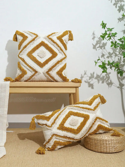 Decorative pillows with geometric pattern on a wooden stool and woven basket against a white wall. Nordic Moroccan tufted throw pillow cover in geometric jacquard design, boho accent cushion for sofa, bed, or car, available in 12x20 inch lumbar and 18x18 inch square sizes – cozy textured boho home decor.