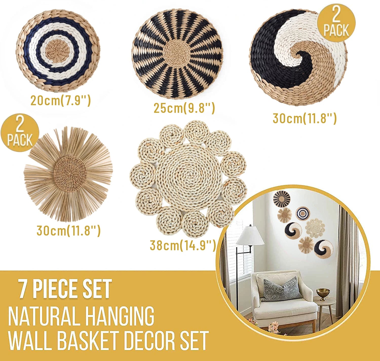 Straw Woven Wall Decoration Boho Rattan Wall Basket Decor Round Grass Weaving Ornament Rustic Seagrass Flat Hoom Hanging Crafts Fruit Bowl Wall Art for Boho Home Decor