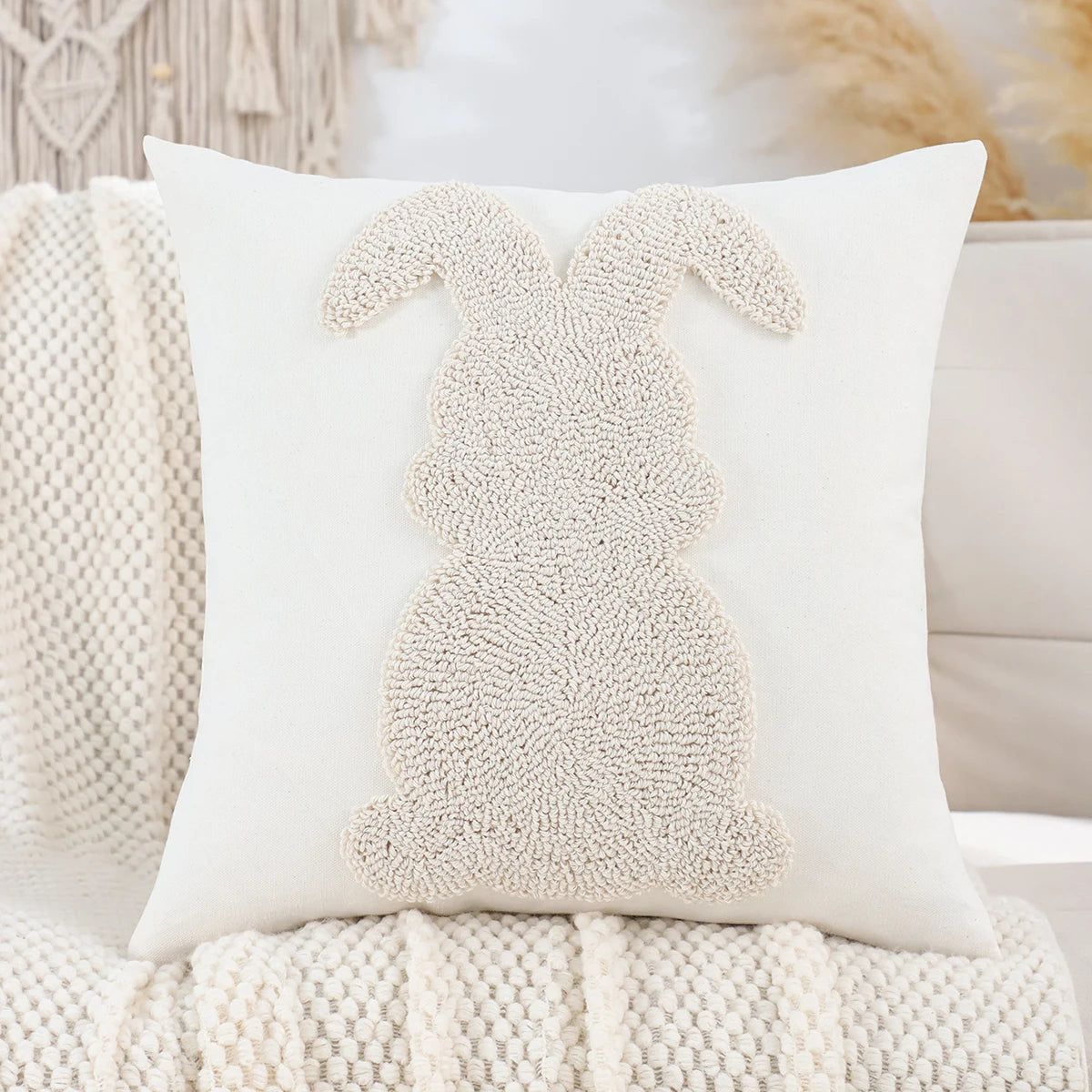 Easter Rabbit Canvas Tufted Throw Pillow Cover – Decorative 45x45 cm Cushion for Sofa & Bed