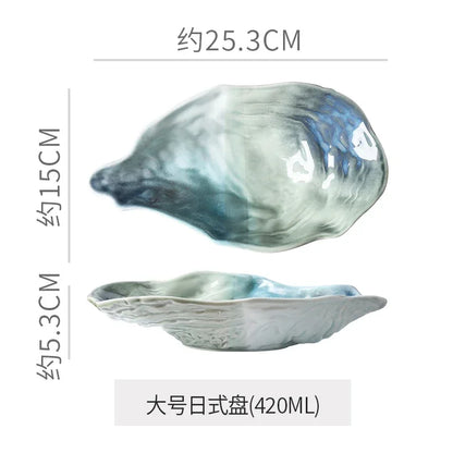 Japanese Kiln-Glazed Ceramic Oyster Dish – Irregular Shell-Shaped Plate for Dips, Dessert & Appetizers