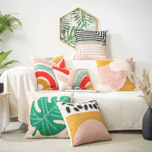 Vibrant Tufted Geometric Nature Embroidered Cushion Cover – Boho Patchwork Throw Pillow