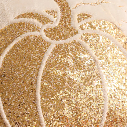 Halloween Pumpkin Gold Sequin Embroidered Plush Pillow Cover – Festive Throw Cushion for Sofa, Bed & Autumn Decor