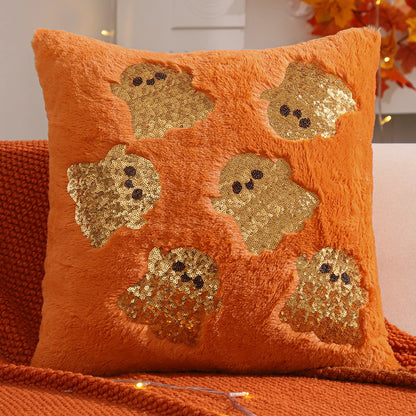 Halloween Pumpkin Gold Sequin Embroidered Plush Pillow Cover – Festive Throw Cushion for Sofa, Bed & Autumn Decor