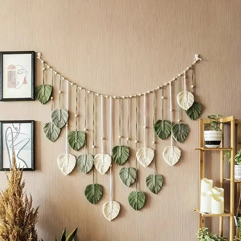 Boho Home Decoration Macrame Tapestry Leaf Feather Wall Hanging Decor for Living Room Bedroom Wall Art