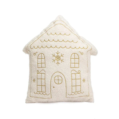 Decorative pillow shaped like a house with embroidered details on a white background