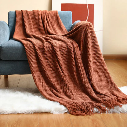 Cozy Knitted Waffle Throw Blanket – Soft Boho Home Decor with Tassels