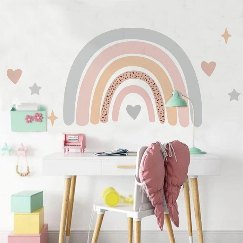 Boho Large Rainbow Beige Pink Watercolor Wall Sticker Vinyl DIY Removable Wall Decals Nursery Girls Room Playroom Home Decor Flowers Clouds Butterflies Hearts