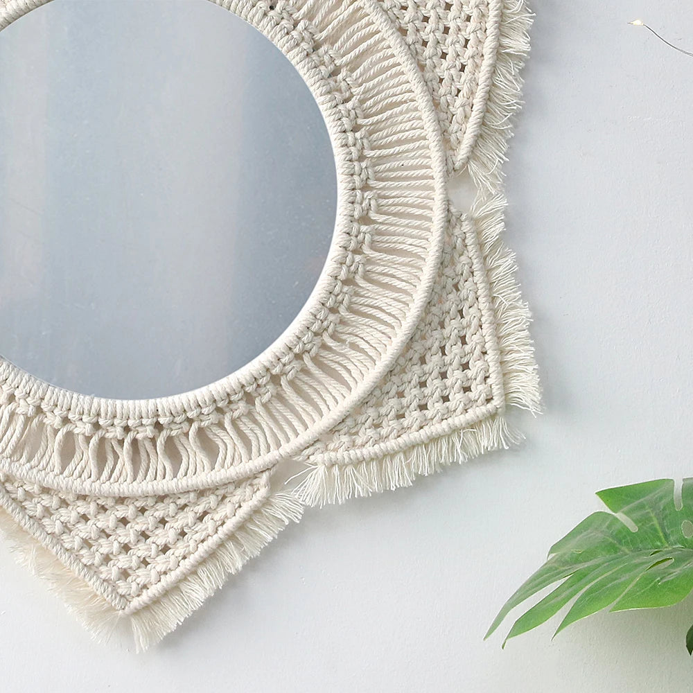 Wall Circle Mirror Macrame Boho Home Decor Mirrors for Bedroom Baby Room Decoration Nursery Sun Star Shaped