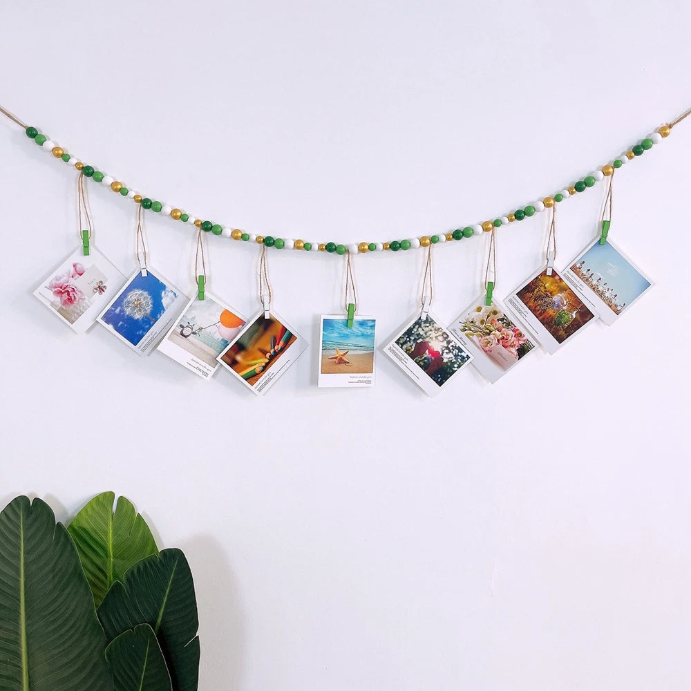 Boho Wall Hanging Photo Display with Wooden Beads & Clips – Rustic Collage Picture Holder Decor