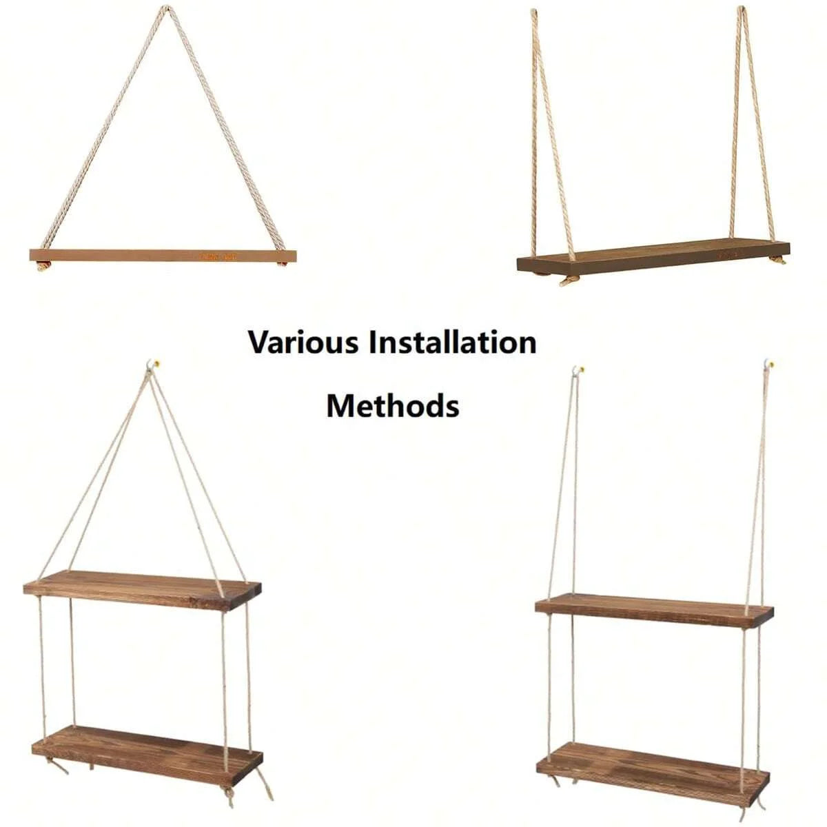 1Pc or 3Pcs Wooden Swing Hanging Hemp Rope Wall Shelf Mounted Floating Home Living Room Plant Flower Pot Tray Storage Garden Decoration Shelves Boho Home Decor Wall Art