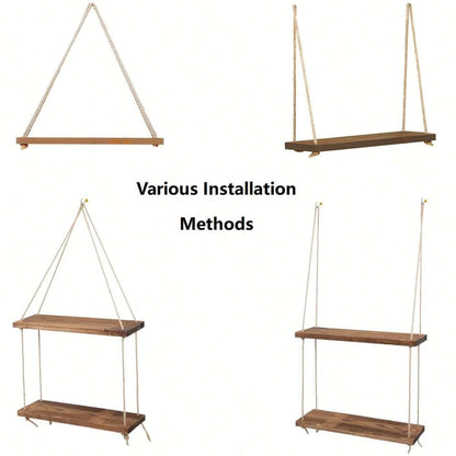 1Pc or 3Pcs Wooden Swing Hanging Hemp Rope Wall Shelf Mounted Floating Home Living Room Plant Flower Pot Tray Storage Garden Decoration Shelves Boho Home Decor Wall Art