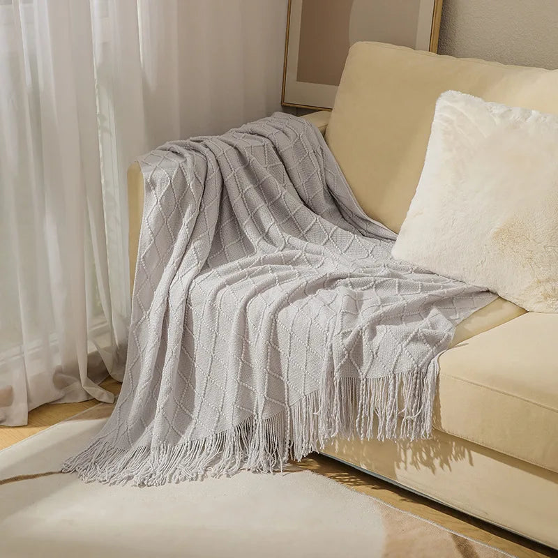 Soft Knit Boho Throw Blanket – Lightweight Acrylic Travel & Home Decor Accent with Fringe