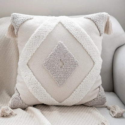 Boho Tufted Cushion Cover – Handcrafted Geometric Pillowcase with Tassels