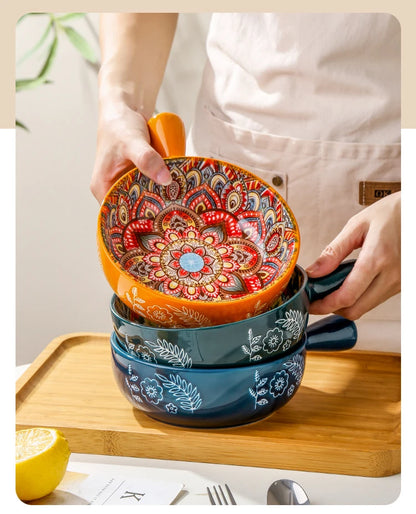 Bohemian Ceramic Single Handle Bowl – Artistic Bowl for Soups, Noodles & More