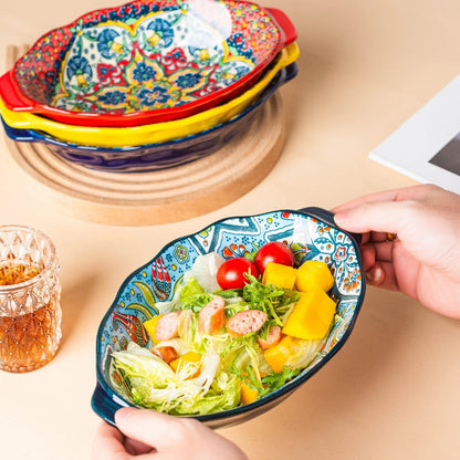 Bohemian Egg-Shaped Ceramic Baking Plate – 9" Colorful Oval Pasta, Salad & Fruit Dish