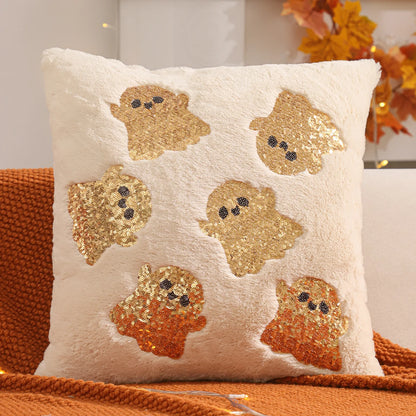 Halloween Pumpkin Gold Sequin Embroidered Plush Pillow Cover – Festive Throw Cushion for Sofa, Bed & Autumn Decor