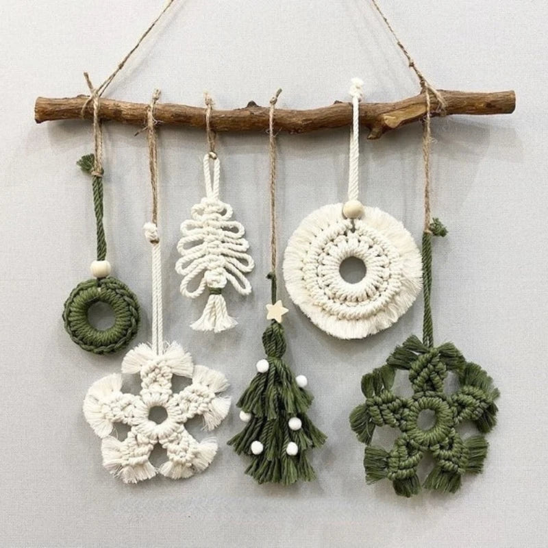 Macrame wall hanging with various patterns and colors on a white background