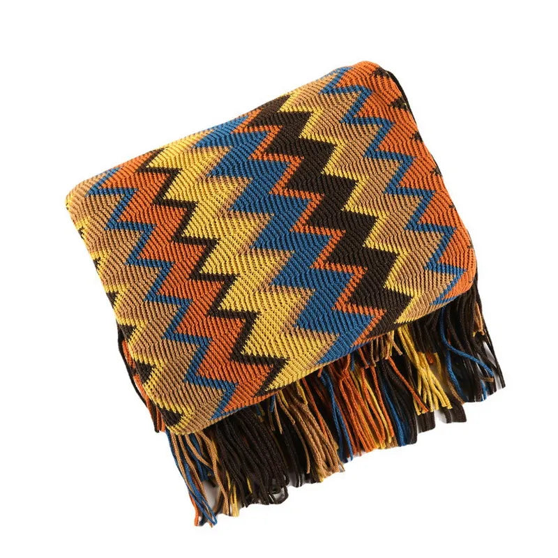 My Boho Home throw blanket with tassels, featuring zig zag stripes and a woven texture—perfect for cozy home decor