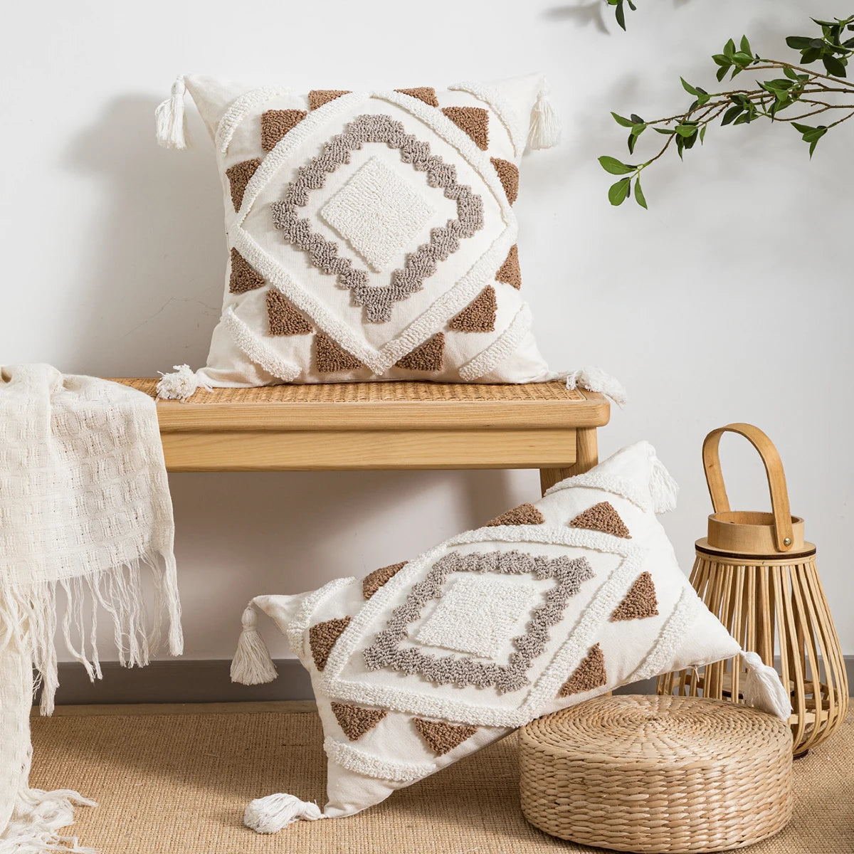 Geometric Tufted Pillow Cover With Tassels – Boho Home Decor Accent for Couch, Bed & Living Room