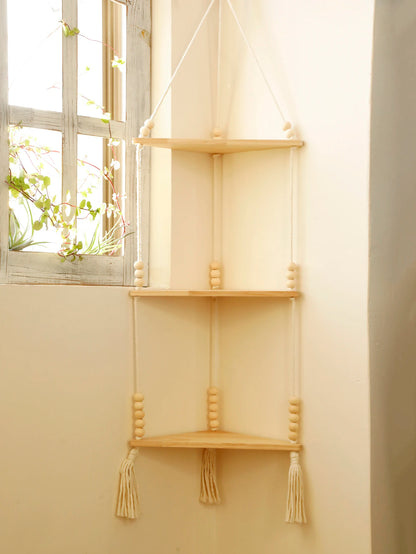Boho Macrame Hanging Wooden Shelf – Handcrafted Floating Wall Shelf for Home Decor