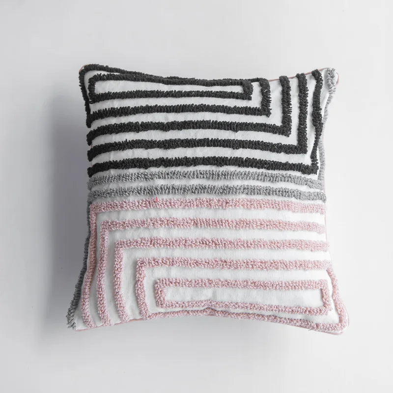Vibrant Tufted Geometric Nature Embroidered Cushion Cover – Boho Patchwork Throw Pillow