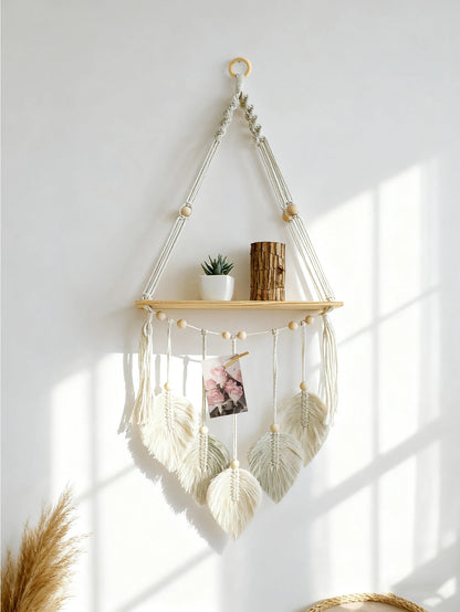 Boho Macrame Floating Wall Shelf with Leaf Tassels