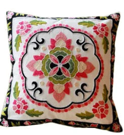 Decorative pillow with floral and geometric pattern on a white background floral embroidery on linen cotton cushion cover – boho home decor accent