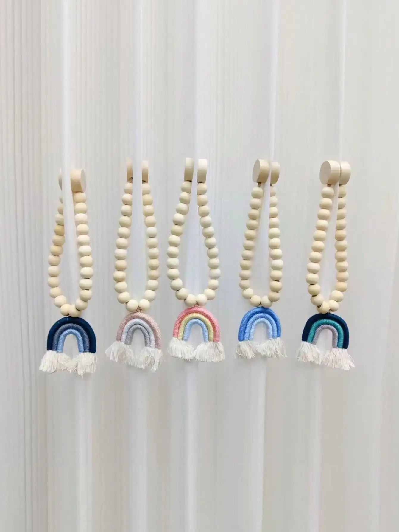 Magnetic Rainbow Macrame Curtain Tiebacks – Wooden Bead & Hemp Rope Holdbacks for Boho Home Decor