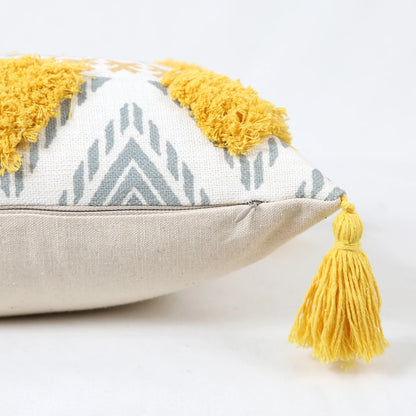 Yellow Geometric Tufted Throw Pillow Cover with Tassels – 18x18in Boho Home Decor Accent for Couch, Sofa & Bed Housewarming Gift