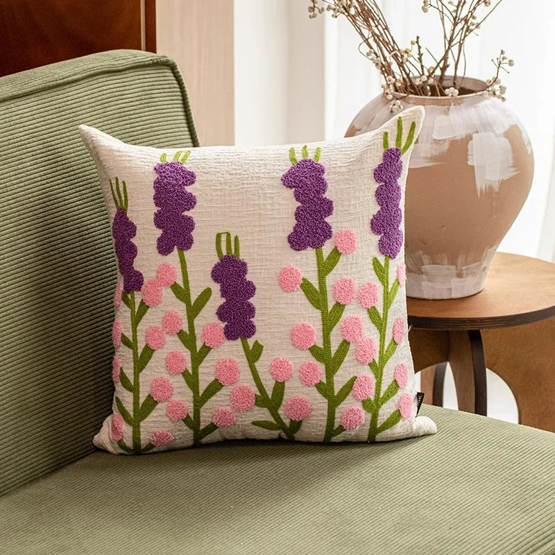 Flower Embroidered Throw Pillow Cover – Floral Cushion Cover for Boho Home Decor