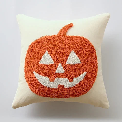 Pillow with a jack-o'-lantern design on a white background Orange tufted pumpkin throw pillowcase for autumn boho home decor