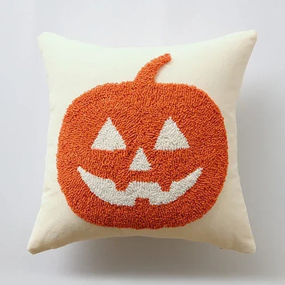 Pillow with a jack-o'-lantern design on a white background Orange tufted pumpkin throw pillowcase for autumn boho home decor