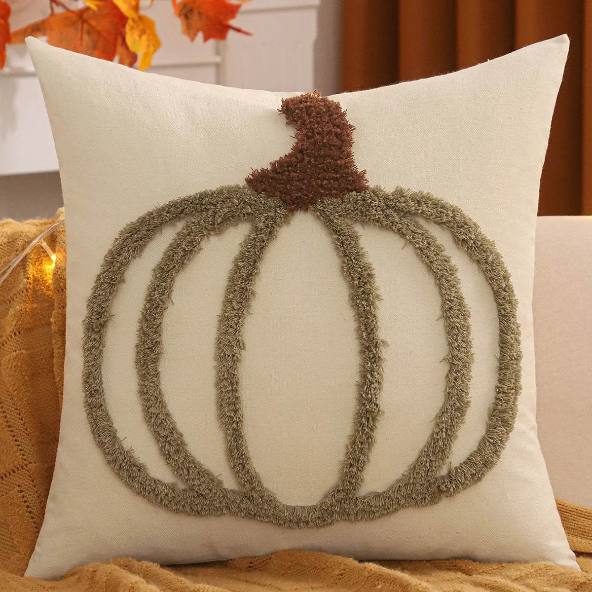 Halloween tufted pumpkin pillow cover, 18x18 inch square cushion case, festive fall and Thanksgiving decorative pillow for sofa, bed, or living room