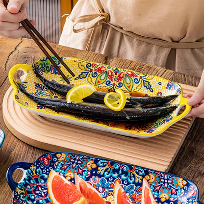 Boho Ceramic Fish Dish with Handle – Rectangular Serving Tray for Oven & Microwave