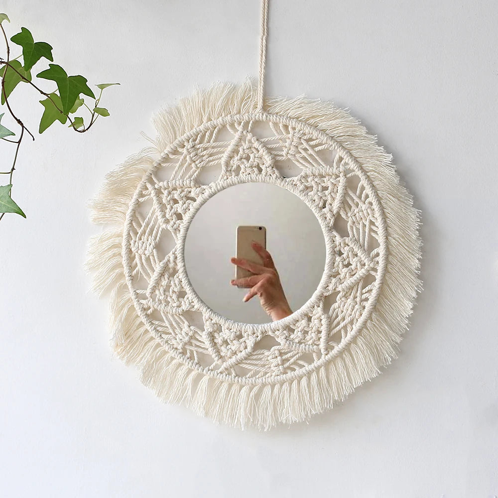 Wall Circle Mirror Macrame Boho Home Decor Mirrors for Bedroom Baby Room Decoration Nursery Sun Star Shaped
