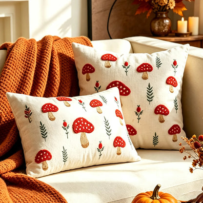 Two square throw pillows with embroidered red mushrooms and green foliage on an off-white fabric, styled on a cream sofa with an orange knit blanket. Boho fall home decor.