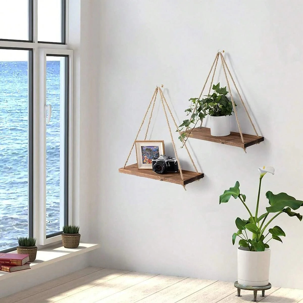 1Pc or 3Pcs Wooden Swing Hanging Hemp Rope Wall Shelf Mounted Floating Home Living Room Plant Flower Pot Tray Storage Garden Decoration Shelves Boho Home Decor Wall Art